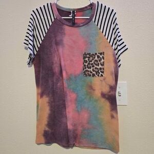 Multicolor Tie-Dye T-Shirt with Striped Sleeves